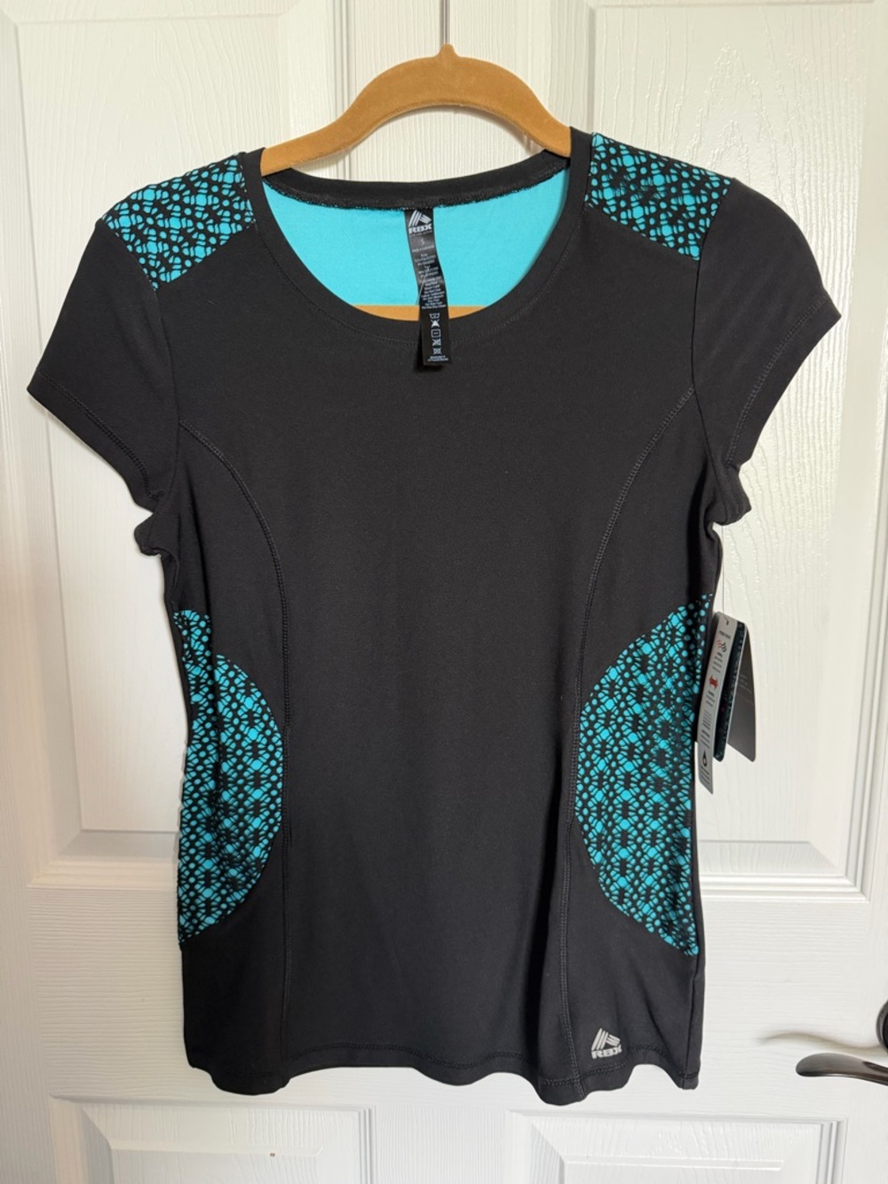 RBX Women's Black and Teal Athletic Tee w mesh detail small NEW